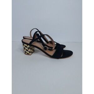 ANTHROPOLOGIE BLACK SUEDE ANKLE STRAP Cream GOLD CHEVRON MID HEEL Wm Sz   7.5 M